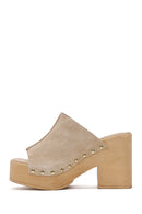 Women's Beige Thick Heeled Suede Leather Slippers | Derimod Women's Beige Thick Heeled Suede Leather Slippers | Derimod