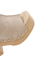 Women's Beige Thick Heeled Suede Leather Slippers | Derimod Women's Beige Thick Heeled Suede Leather Slippers | Derimod