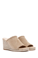 Women's Beige Wedge Heeled Suede Leather Espadrille Slippers | Derimod Women's Beige Wedge Heeled Suede Leather Espadrille Slippers | Derimod