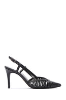 Women's Black Ankle Strap Open Back Thin Heeled Leather Shoes | Derimod Women's Black Ankle Strap Open Back Thin Heeled Leather Shoes | Derimod