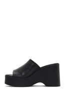 Women's Black Wedge Heeled Leather Slippers | Derimod Women's Black Wedge Heeled Leather Slippers | Derimod