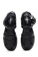 Kadın Siyah Bilekten Bantlı Kalın Tabanlı Deri Sandalet | Derimod Kadın Siyah Bilekten Bantlı Kalın Tabanlı Deri Sandalet | Derimod