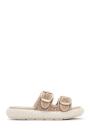 Women's Beige Double Buckle Straw Leather Slippers | Derimod Women's Beige Double Buckle Straw Leather Slippers | Derimod