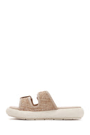 Women's Beige Double Buckle Straw Leather Slippers | Derimod Women's Beige Double Buckle Straw Leather Slippers | Derimod