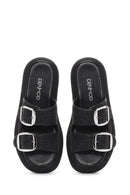 Women's Black Double Buckle Straw Leather Slippers | Derimod Women's Black Double Buckle Straw Leather Slippers | Derimod
