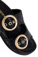 Kadın Siyah Çift Tokalı Örgü Deri Terlik | Derimod Kadın Siyah Çift Tokalı Örgü Deri Terlik | Derimod