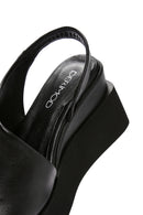 Women's Black Wedge Heeled Leather Sandals | Derimod Women's Black Wedge Heeled Leather Sandals | Derimod