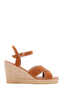 Women's Tan Ankle Strap Wedge Heeled Suede Leather Sandals | Derimod Women's Tan Ankle Strap Wedge Heeled Suede Leather Sandals | Derimod