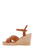 Women's Tan Ankle Strap Wedge Heeled Suede Leather Sandals | Derimod Women's Tan Ankle Strap Wedge Heeled Suede Leather Sandals | Derimod