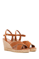 Women's Tan Ankle Strap Wedge Heeled Suede Leather Sandals | Derimod Women's Tan Ankle Strap Wedge Heeled Suede Leather Sandals | Derimod