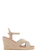 Women's Beige Ankle Strap Wedge Heeled Suede Leather Sandals | Derimod Women's Beige Ankle Strap Wedge Heeled Suede Leather Sandals | Derimod