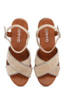 Women's Beige Ankle Strap Wedge Heeled Suede Leather Sandals | Derimod Women's Beige Ankle Strap Wedge Heeled Suede Leather Sandals | Derimod