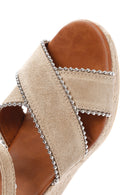 Women's Beige Ankle Strap Wedge Heeled Suede Leather Sandals | Derimod Women's Beige Ankle Strap Wedge Heeled Suede Leather Sandals | Derimod