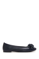 Women's Navy Blue Stone Leather Ballerinas | Derimod Women's Navy Blue Stone Leather Ballerinas | Derimod