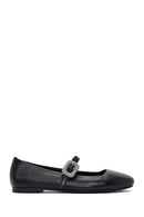 Women's Black Straped Stoned Leather Ballerinas | Derimod Women's Black Straped Stoned Leather Ballerinas | Derimod
