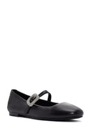 Women's Black Straped Stoned Leather Ballerinas | Derimod Women's Black Straped Stoned Leather Ballerinas | Derimod