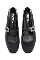 Women's Black Straped Stoned Leather Ballerinas | Derimod Women's Black Straped Stoned Leather Ballerinas | Derimod