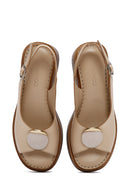Women's Beige Wedge Heeled Leather Sandals with Ankle Strap | Derimod Women's Beige Wedge Heeled Leather Sandals with Ankle Strap | Derimod