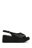 Women's Black Wedge Heeled Leather Sandals with Ankle Strap | Derimod Women's Black Wedge Heeled Leather Sandals with Ankle Strap | Derimod