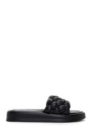 Women's Black Knit Leather Comfort Slippers | Derimod Women's Black Knit Leather Comfort Slippers | Derimod