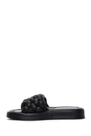 Women's Black Knit Leather Comfort Slippers | Derimod Women's Black Knit Leather Comfort Slippers | Derimod