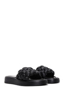 Women's Black Knit Leather Comfort Slippers | Derimod Women's Black Knit Leather Comfort Slippers | Derimod