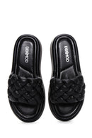 Women's Black Knit Leather Comfort Slippers | Derimod Women's Black Knit Leather Comfort Slippers | Derimod