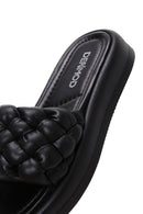 Women's Black Knit Leather Comfort Slippers | Derimod Women's Black Knit Leather Comfort Slippers | Derimod