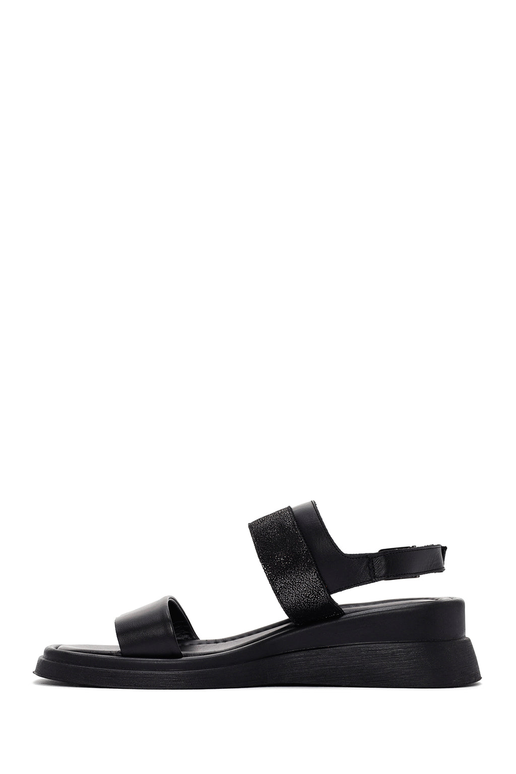 Kadın Siyah Bilekten Bantlı Deri Comfort Sandalet