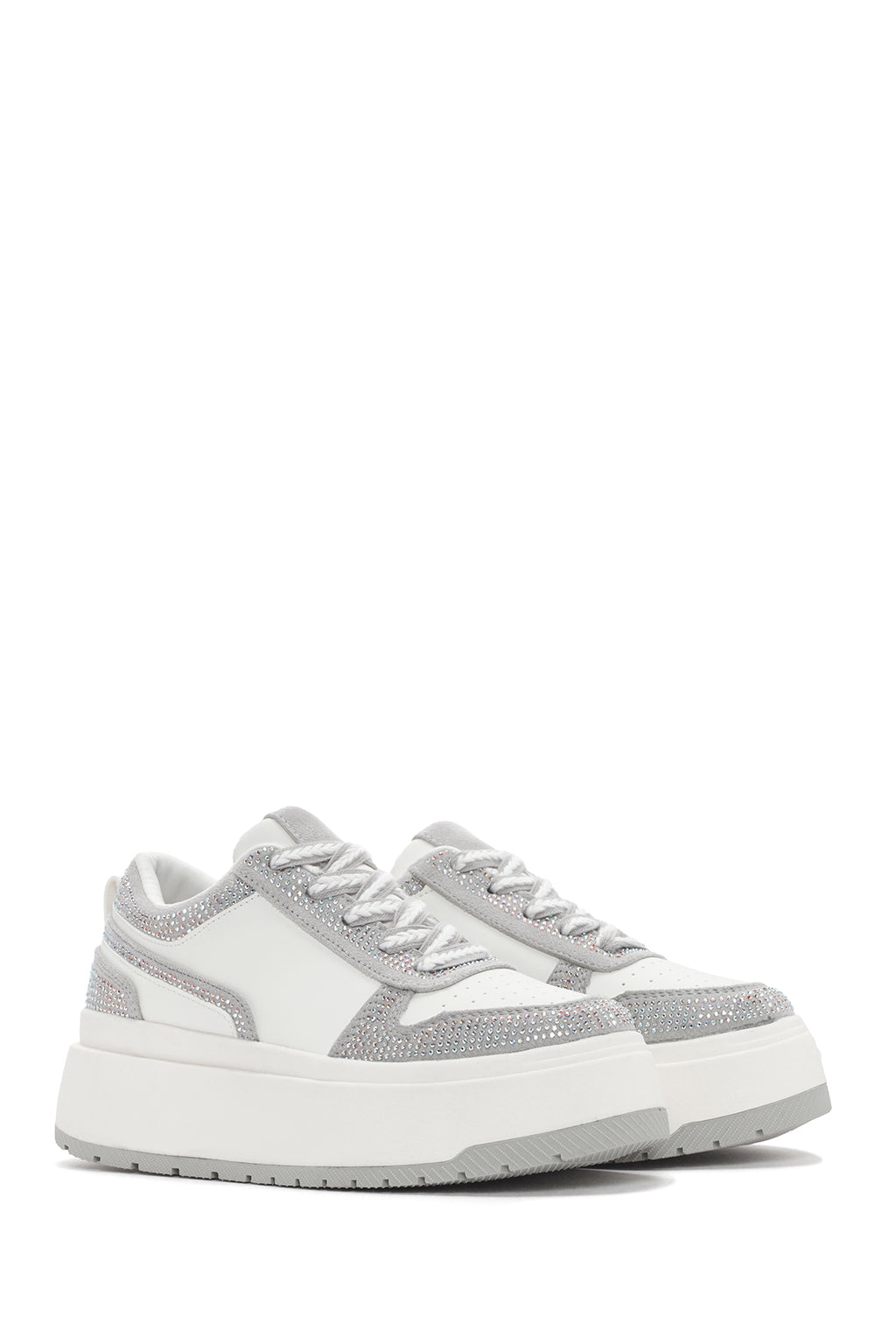 Kadın Beyaz Kalın Tabanlı Taşlı Bağcıklı Sneaker