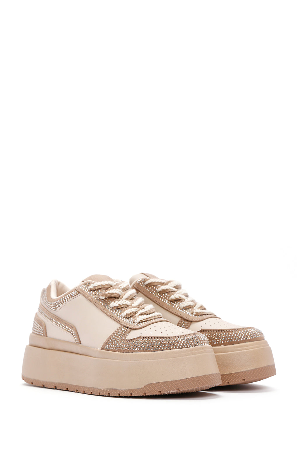 Kadın Bej Kalın Tabanlı Taşlı Bağcıklı Sneaker