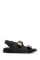 Women's Black Ankle Strap Double Buckle Straw Sandals | Derimod Women's Black Ankle Strap Double Buckle Straw Sandals | Derimod