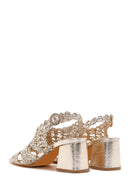 Women's Gold Ankle Strap Metallic Heeled Knit Pattern Sandals | Derimod Women's Gold Ankle Strap Metallic Heeled Knit Pattern Sandals | Derimod