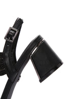 Kadın Siyah Bilekten Bantlı Kalın Orta Topuklu Örgü Desenli Sandalet | Derimod Kadın Siyah Bilekten Bantlı Kalın Orta Topuklu Örgü Desenli Sandalet | Derimod