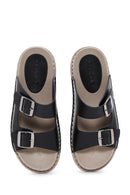 Women's Black Double Buckle Leather Comfort Slippers | Derimod Women's Black Double Buckle Leather Comfort Slippers | Derimod