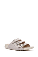 Women's Gray Buckle Leather Comfort Slippers | Derimod Women's Gray Buckle Leather Comfort Slippers | Derimod