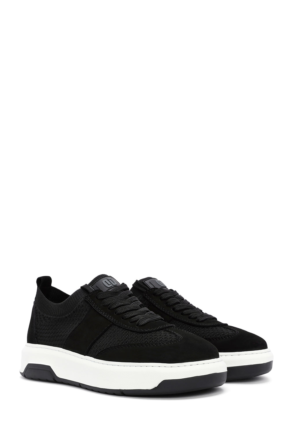 Erkek Siyah Deri Detaylı Bağcıklı Kumaş Sneaker