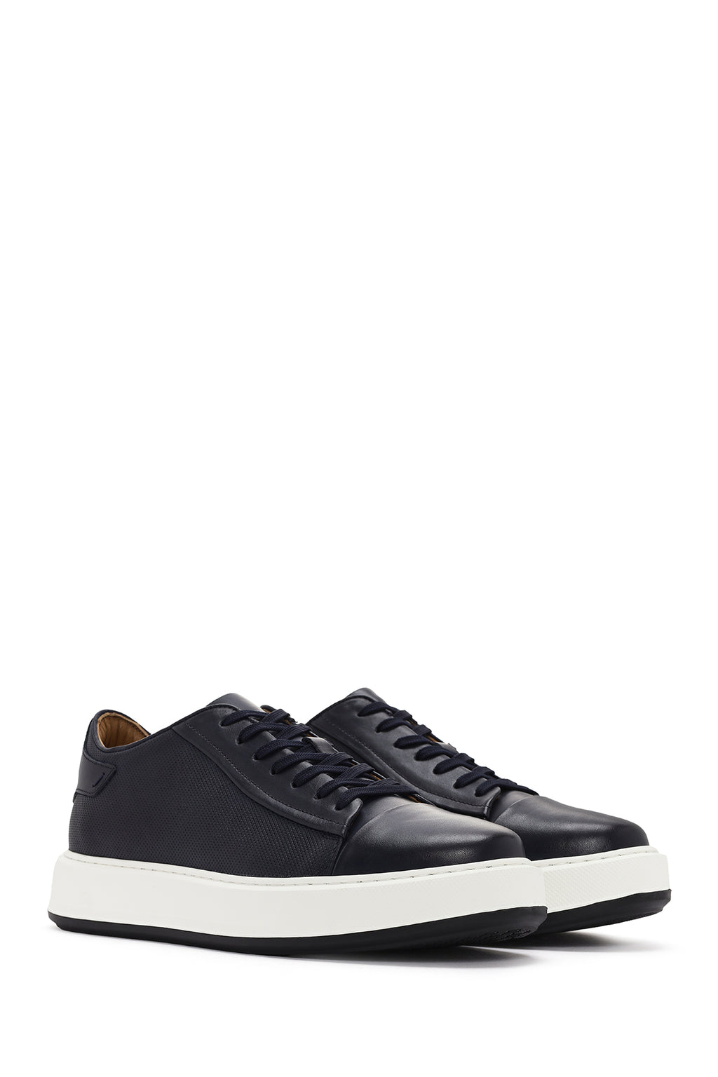 Erkek Lacivert Bağcıklı Kalın Tabanlı Deri Sneaker