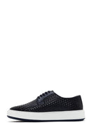 Men's Navy Blue Lace-Up Knitted Leather Casual Shoes | Derimod Men's Navy Blue Lace-Up Knitted Leather Casual Shoes | Derimod