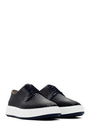 Men's Navy Blue Lace-Up Knitted Leather Casual Shoes | Derimod Men's Navy Blue Lace-Up Knitted Leather Casual Shoes | Derimod