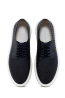 Men's Navy Blue Lace-Up Knitted Leather Casual Shoes | Derimod Men's Navy Blue Lace-Up Knitted Leather Casual Shoes | Derimod