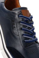 Men's Navy Blue Lace-up Thick-Sole Leather Sneaker | Derimod Men's Navy Blue Lace-up Thick-Sole Leather Sneaker | Derimod