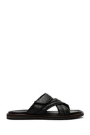 Men's Black Striped Casual Leather Slippers | Derimod Men's Black Striped Casual Leather Slippers | Derimod