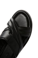 Men's Black Striped Casual Leather Slippers | Derimod Men's Black Striped Casual Leather Slippers | Derimod