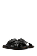 Men's Black Striped Casual Leather Slippers | Derimod Men's Black Striped Casual Leather Slippers | Derimod
