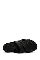 Men's Black Striped Casual Leather Slippers | Derimod Men's Black Striped Casual Leather Slippers | Derimod