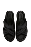 Men's Black Striped Casual Leather Slippers | Derimod Men's Black Striped Casual Leather Slippers | Derimod