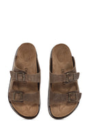 Men's Beige Buckle Detailed Nubuck Leather Slippers | Derimod Men's Beige Buckle Detailed Nubuck Leather Slippers | Derimod