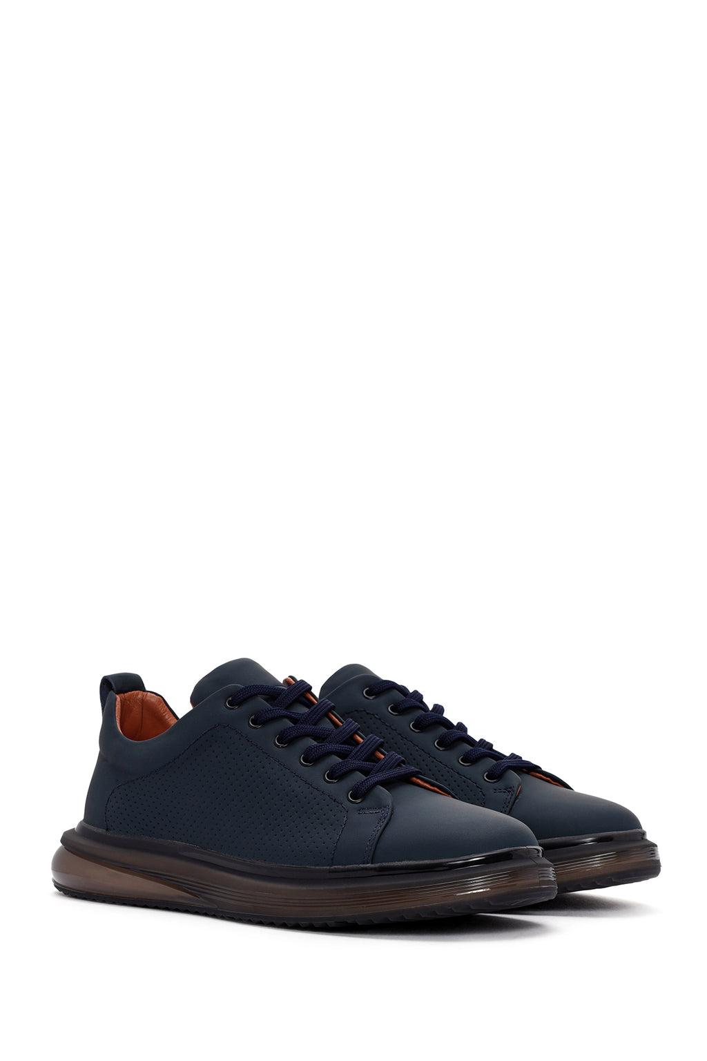 Erkek Lacivert Bağcıklı Deri Sneaker