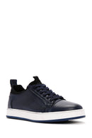 Men's Navy Blue Lace-Up Leather Sneaker | Derimod Men's Navy Blue Lace-Up Leather Sneaker | Derimod